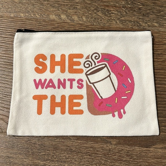 She Wants The D Dunkin Doughnuts Inspired Canvas Cosmetic Pouch Bag - Picture 3 of 3
